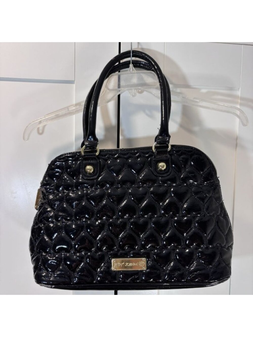 Betsey Johnson Black Quilted Hearts Gold Satchel Handbag Purse Shoulder Bag